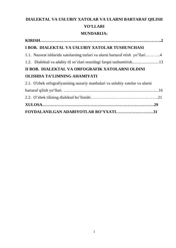DIALEKTAL VA USLUBIY XATOLAR VA ULARNI BARTARAF QILISH YOʻLLARI
