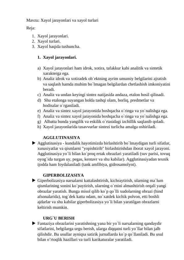 MUSTAQIL ISH. Xayol jarayonlari va xayol turlari