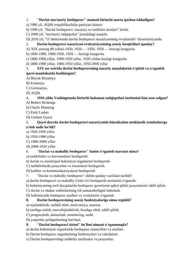 Davlat boshqaruviga oid test savollari