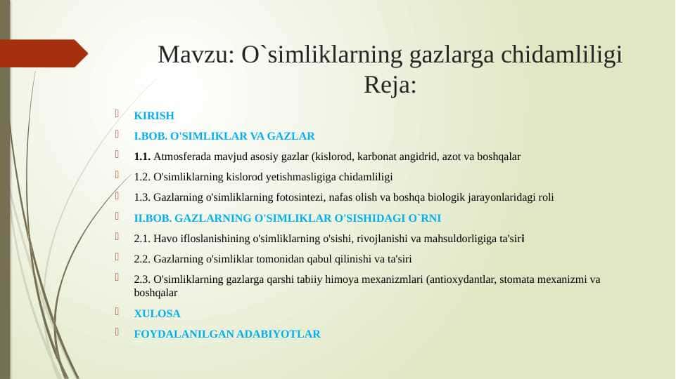 O`simliklarning gazlarga chidamliligi