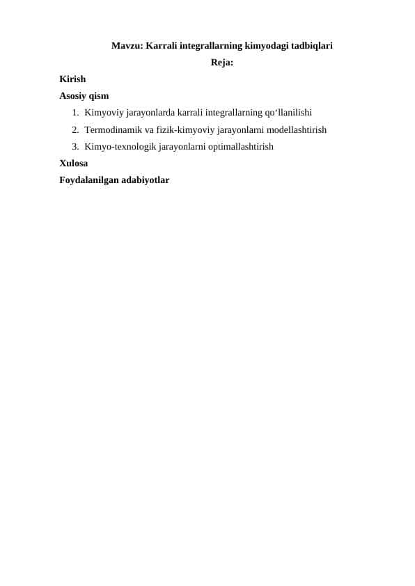 Karrali integrallarning kimyodagi tadbiqlari