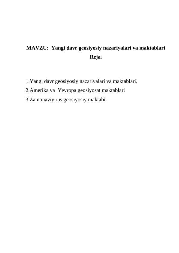 Yangi davr geosiyosiy nazariyalari va maktablari