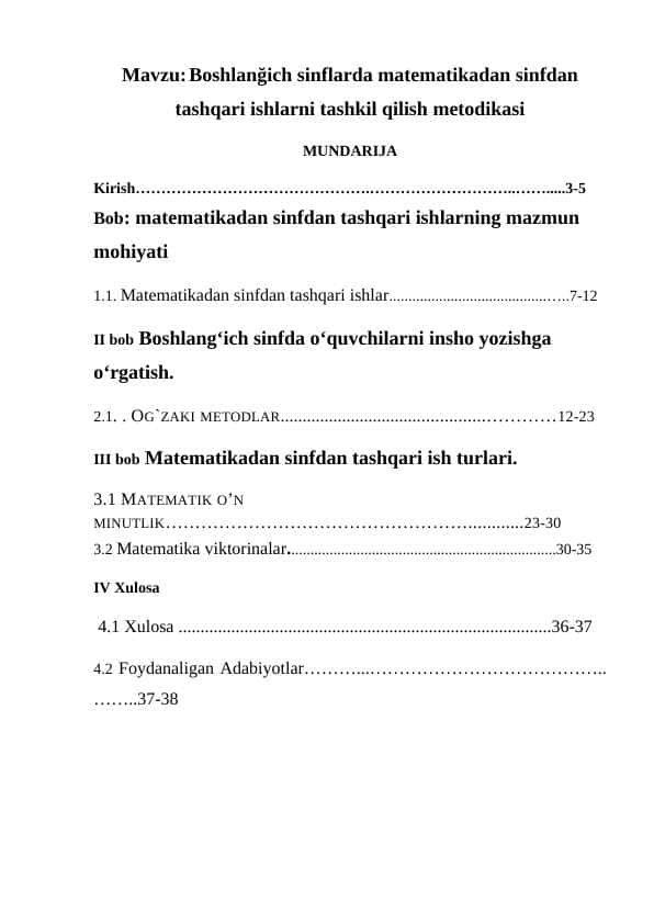 Boshlanğich sinflarda matematikadan sinfdan tashqari ishlarni tashkil qilish metodikasi