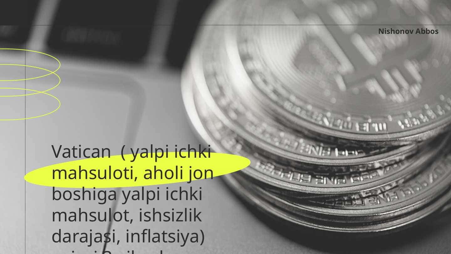 Vatican ( yalpi ichki mahsuloti, aholi jon boshiga yalpi ichki mahsulot, ishsizlik darajasi, inflatsiya) oxirgi 3 yil uchun.