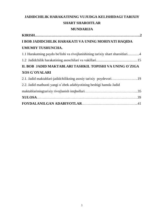 JADIDCHILIK HARAKATINING VUJUDGA KELISHIDAGI TARIXIY SHART SHAROITLAR
