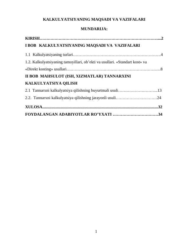 KALKULYATSIYANING MAQSADI VA VAZIFALARI