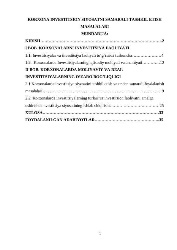 KORXONA INVESTITSION SIYOSATNI SAMARALI TASHKIL ETISH MASALALARI