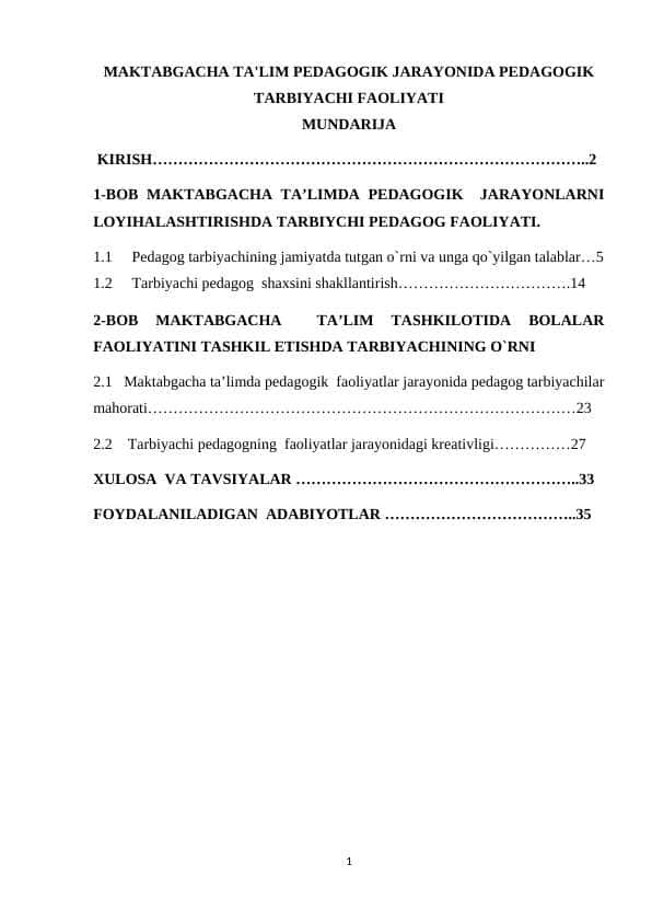 MAKTABGACHA TA'LIM PEDAGOGIK JARAYONIDA PEDAGOGIK TARBIYACHI FAOLIYATI