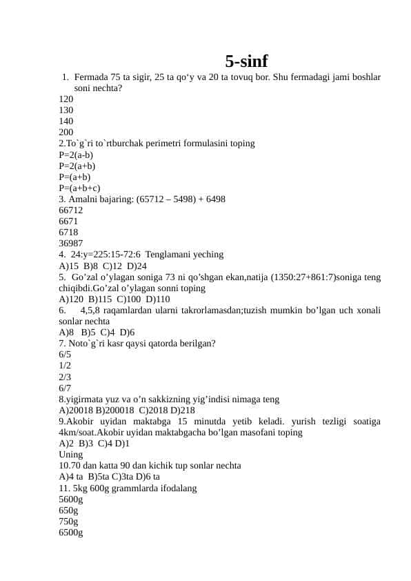 Matematika Prezident maktab tayyorlov