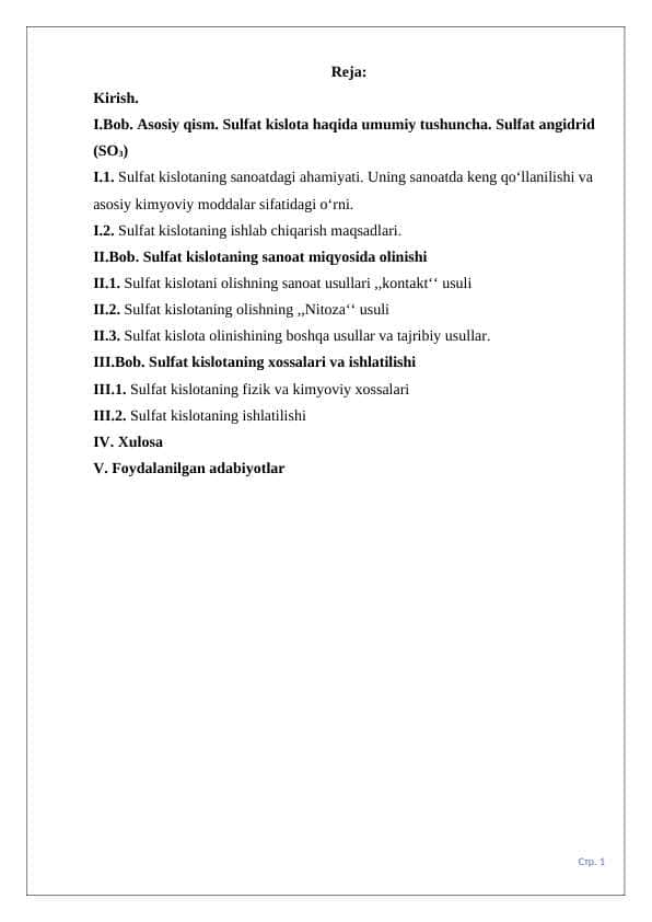 Sulfat kislotani sanoatda ishlab chiqarilishi