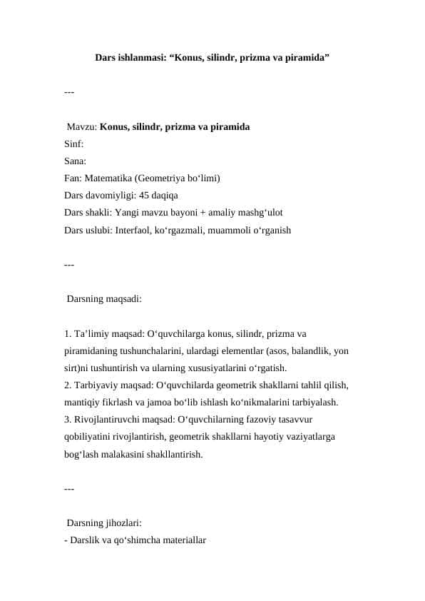Konus, silindr, prizma va piramida ( Dars ishlanmasi )