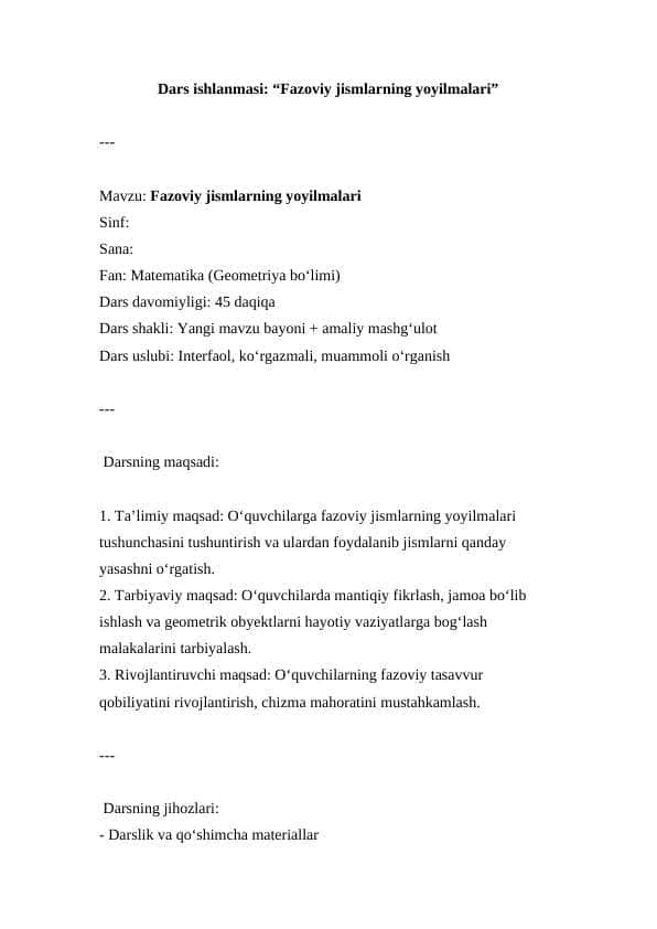 Fazoviy jismlarning yoyilmalari ( Dars ishlanmasi )