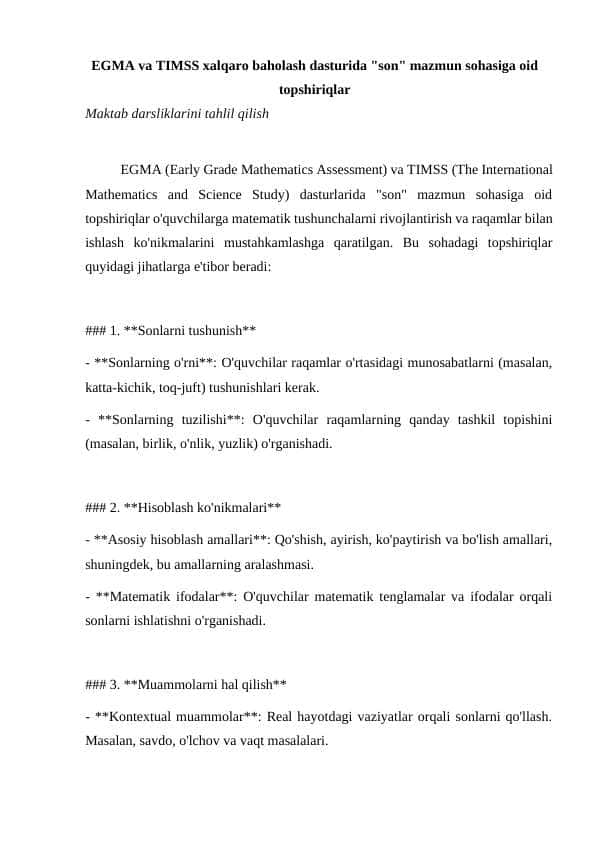 EGMA va TIMSS xalqaro baholash dasturida "son" mazmun sohasiga oid topshiriqlar