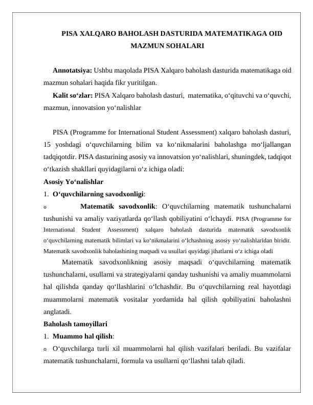 PISA XALQARO BAHOLASH DASTURIDA MATEMATIKAGA OID MAZMUN SOHALARI