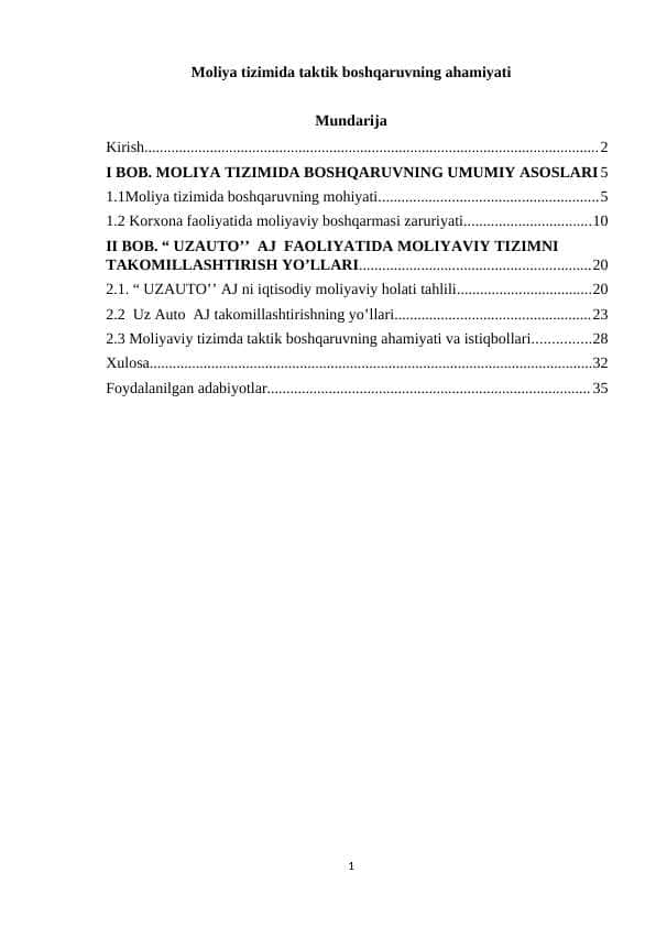 Moliya tizimida taktik boshqaruvning ahamiyati