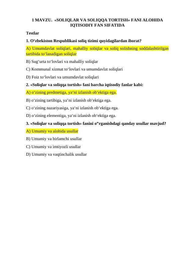 Soliqdan test savollari javoblari bilan