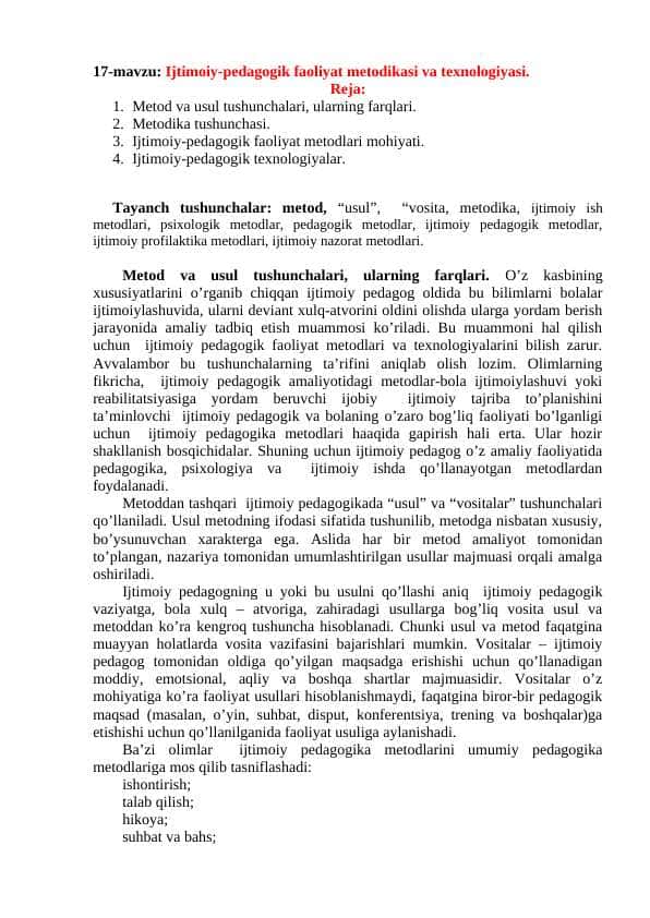 Ijtimoiy-pedagogik faoliyat metodikasi va texnologiyasi.