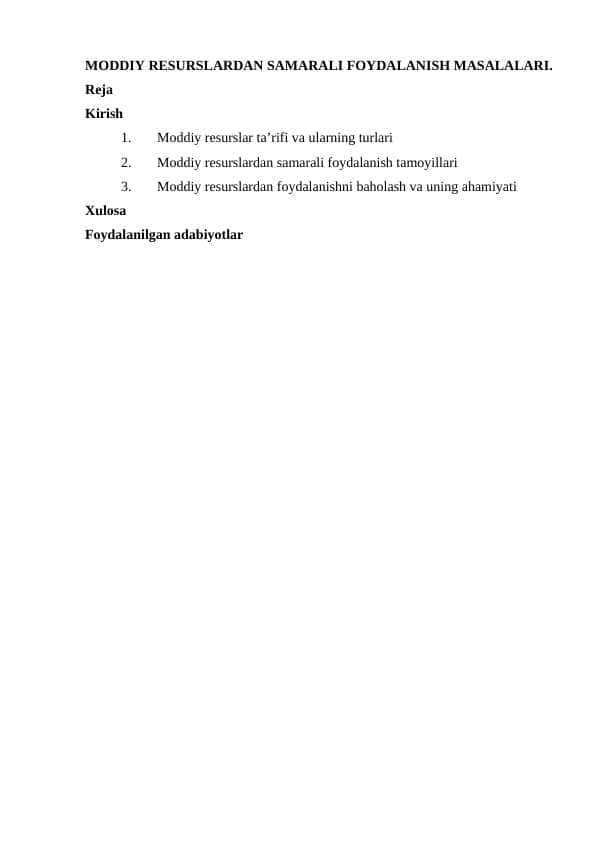 MODDIY RESURSLARDAN SAMARALI FOYDALANISH MASALALARI.