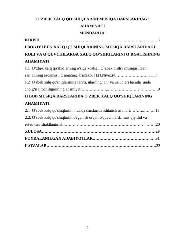 O’ZBEK XALQ QO’SHIQLARINI MUSIQA DARSLARIDAGI AHAMIYATI