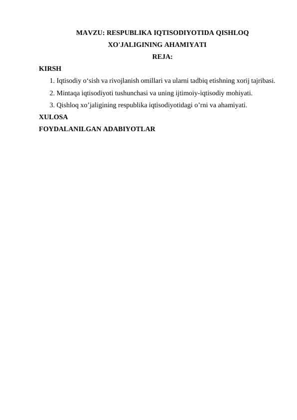 Respublika iqtisodiyotida qishloq xo'jaligining ahamiyati