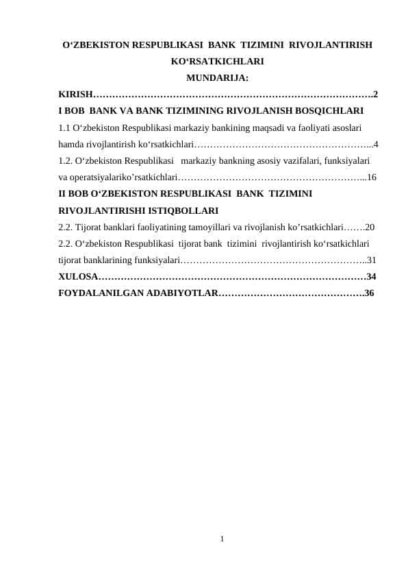 OʻZBEKISTON RESPUBLIKASI BANK TIZIMINI RIVOJLANTIRISH KOʻRSATKICHLARI