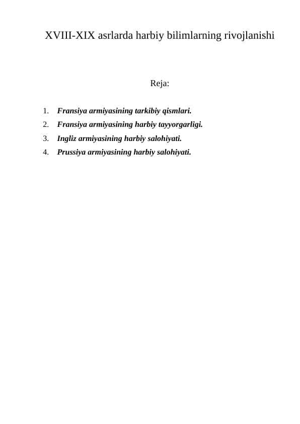 XVIII-XIX asrlarda harbiy bilimlarning rivojlanishi