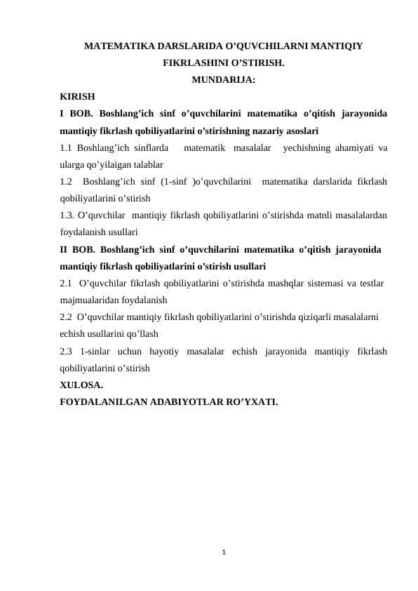 Matematika darslarida o’quvchilarni mantiqiy fikrlashini o’stirish