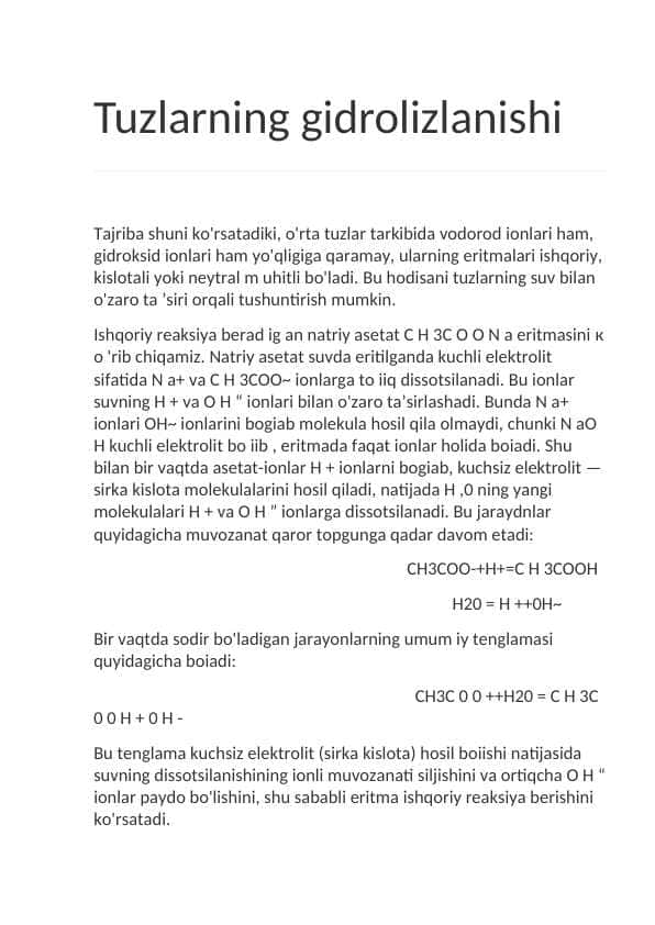Gidrolizga oid tajribalar. Tuzlarning gidrolizlanishi
