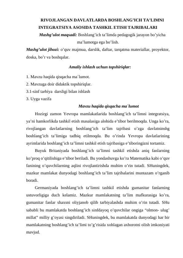 RIVOJLANGAN DAVLATLARDA BOSHLANG’ICH TA’LIMNI INTEGRATSIYA ASOSIDA TASHKIL ETISH TAJRIBALARI