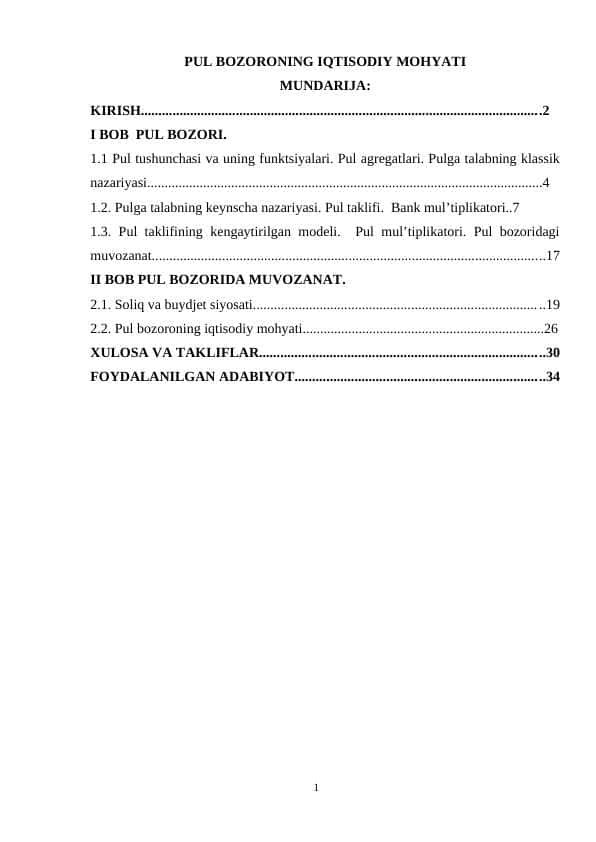 PUL BOZORONING IQTISODIY MOHYATI