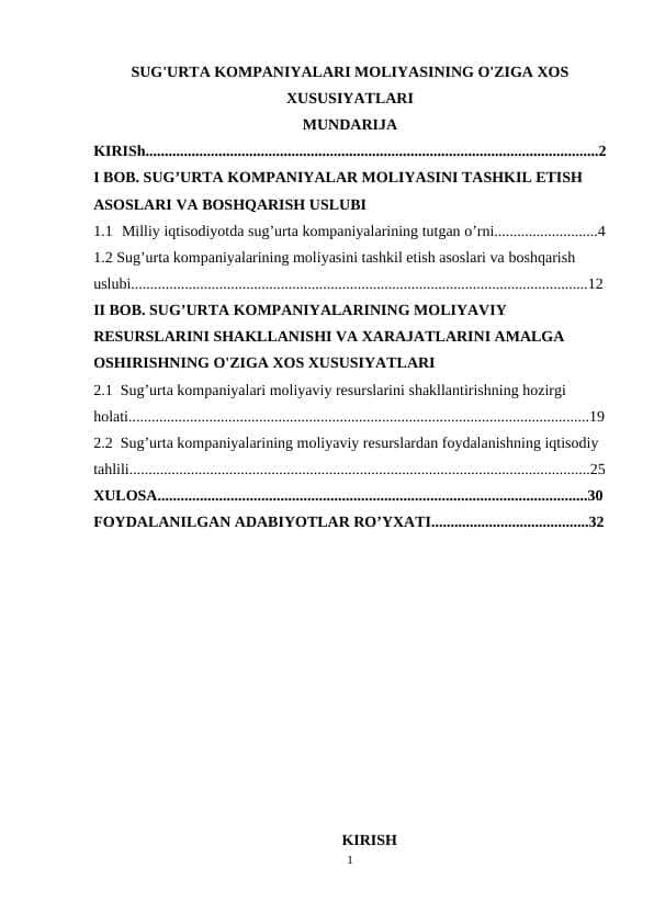 SUG'URTA KOMPANIYALARI MOLIYASINING O'ZIGA XOS XUSUSIYATLARI