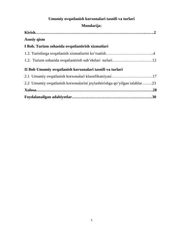Umumiy ovqatlanish korxonalari tasnifi va turlari
