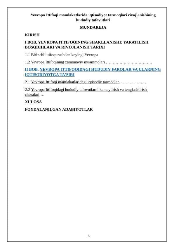 Yevropa Ittifoqi mamlakatlarida iqtisodiyot tarmoqlari rivojlanishining hududiy tafovutlari