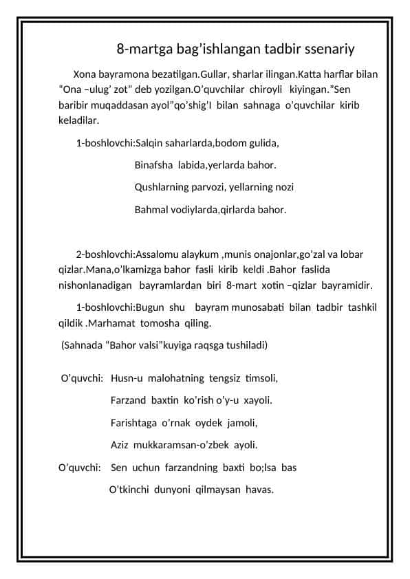 8-martga bag’ishlangan tadbir ssenariy