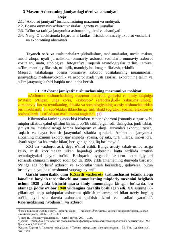 Mavzu: Axborotning jamiyatdagi o‘rni va ahamiyati