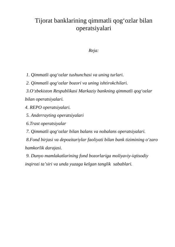 Tijorat banklarining qimmatli qog‘ozlar bilan operatsiyalari