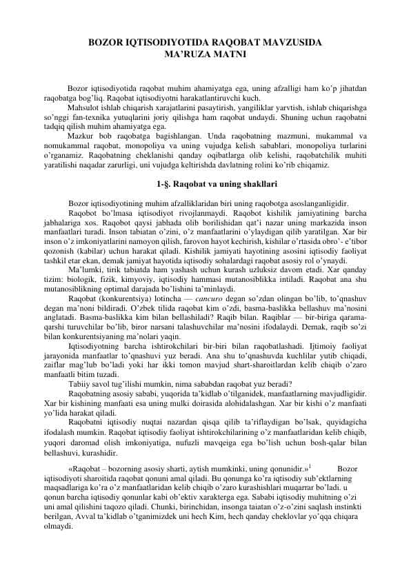 Mavzu: BOZOR IQTISODIYOTIDA RAQOBAT