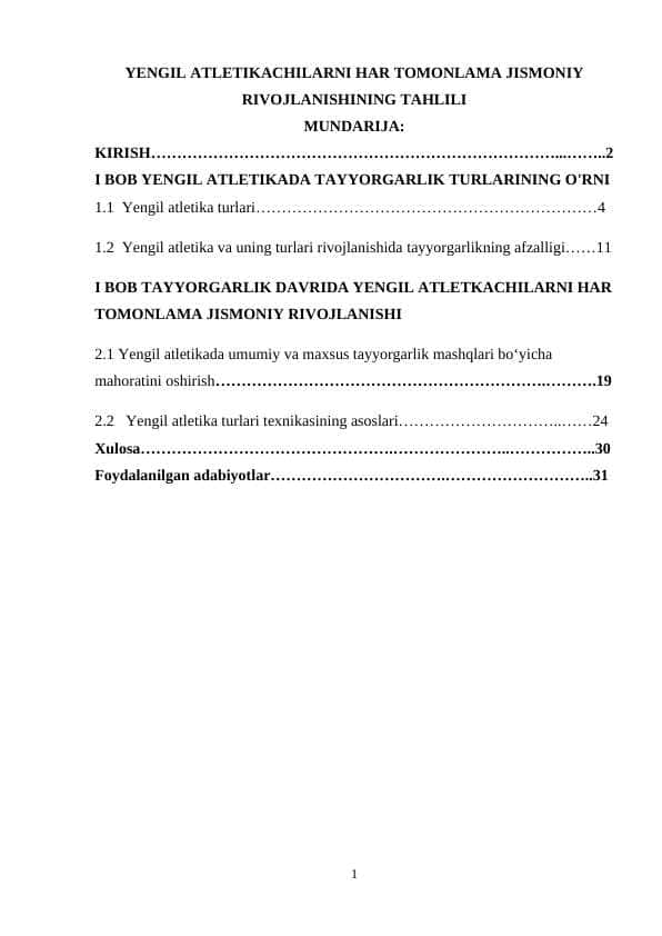 YENGIL ATLETIKACHILARNI HAR TOMONLAMA JISMONIY RIVOJLANISHINING TAHLILI