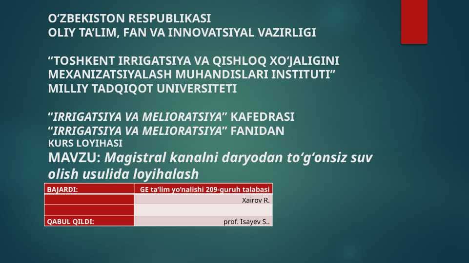 Magistral kanalni daryodan toʻgʻonsiz suv olish usulida loyihalash