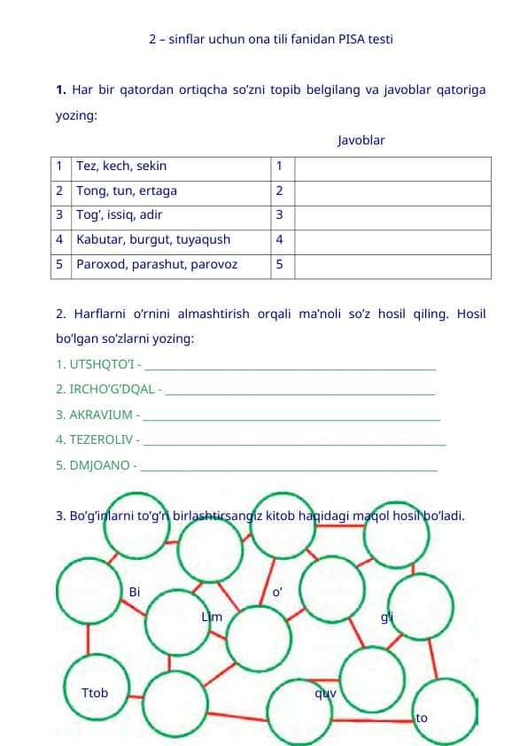 2 – sinflar uchun ona tili fanidan PISA testi
