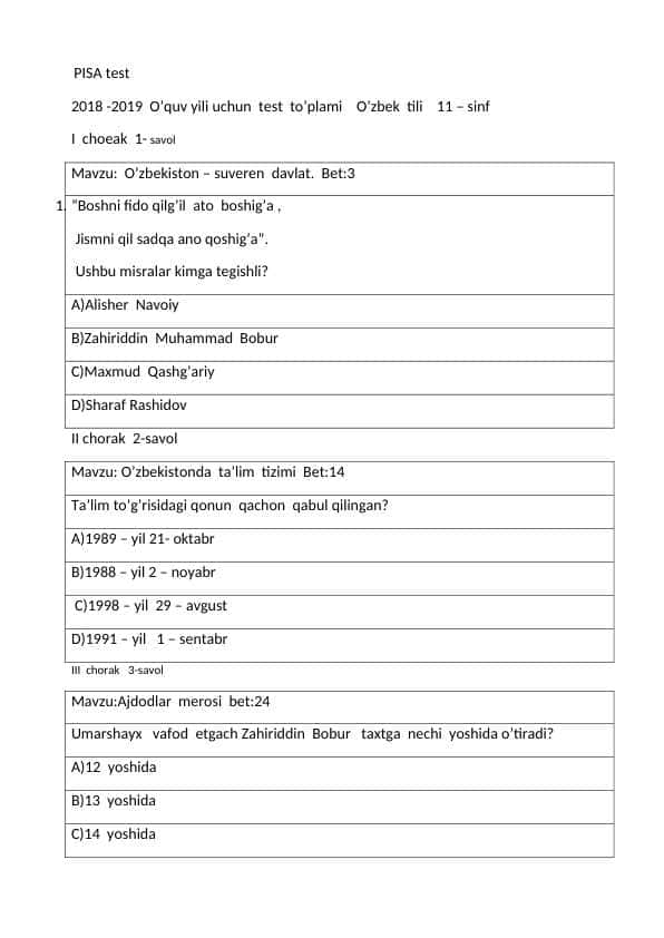 PISA test ona tili