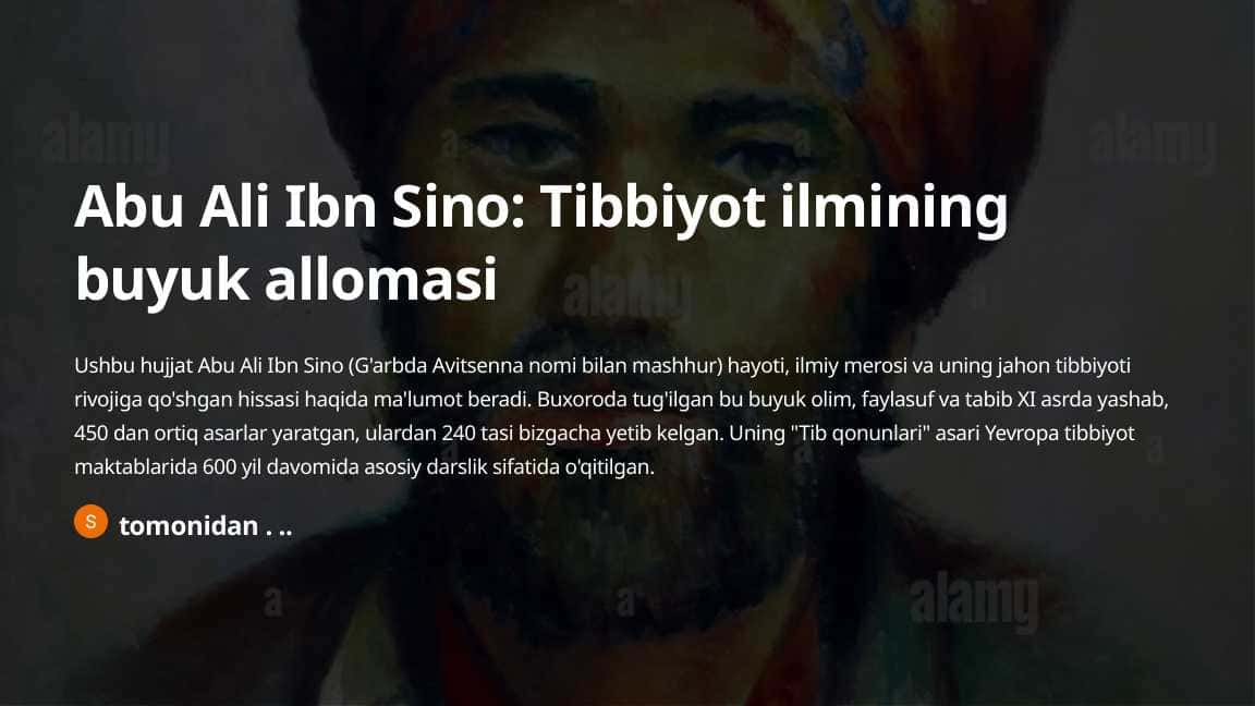 Abu Ali Ibn Sino Tibbiyot ilmining buyuk allomasi