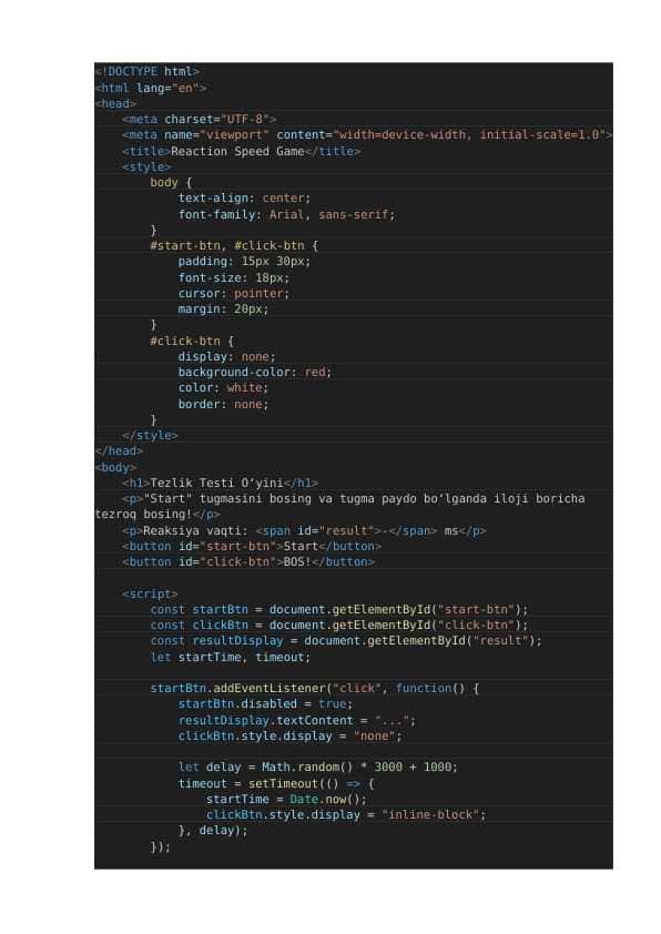 "Tezlik testi" o'yini. {HTML code}