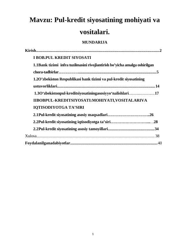 Pul-kredit siyosatining mohiyati va vositalari.
