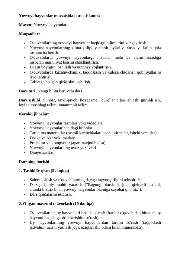 Yovvoyi hayvonlar mavzusida dars ishlanma