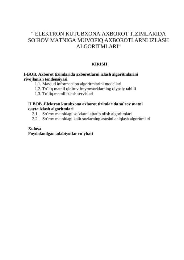 ELEKTRON KUTUBXONA AXBOROT TIZIMLARIDA SO`ROV MATNIGA MUVOFIQ AXBOROTLARNI IZLASH ALGORITMLARI