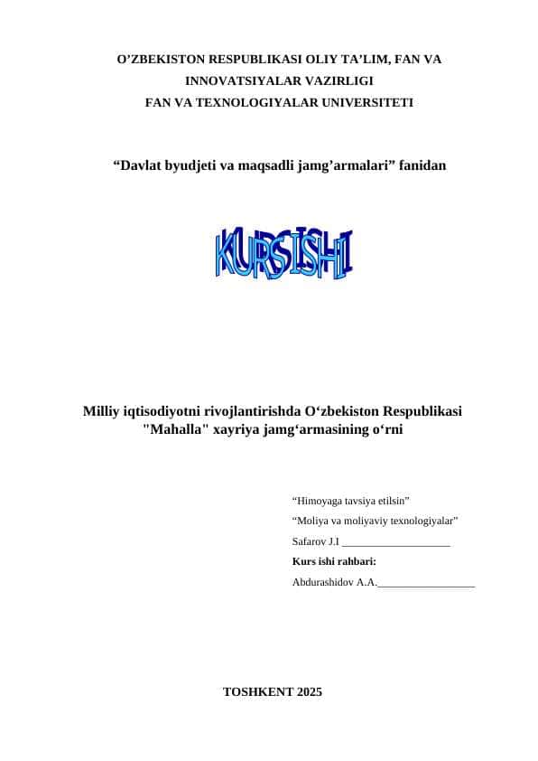 Milliy iqtisodiyotni rivojlantirishda Oʻzbekiston Respublikasi "Mahalla" xayriya jamgʻarmasining oʻrni