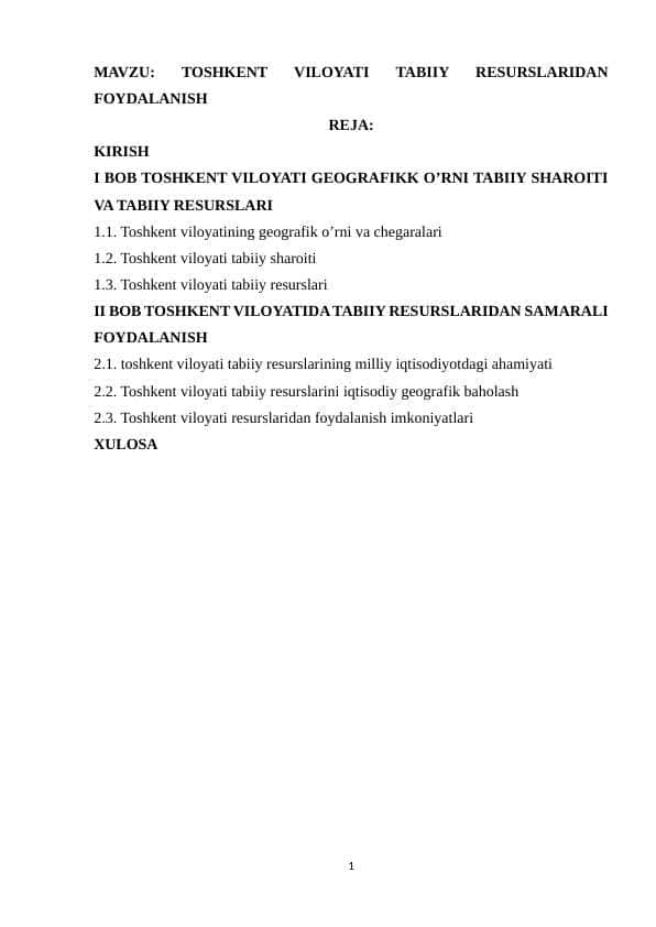 TOSHKENT VILOYATI TABIIY RESURSLARIDAN FOYDALANISH