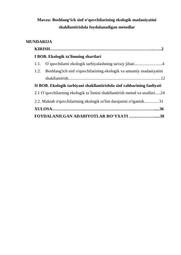 Boshlang‘ich sinf o‘quvchilarining ekologik madaniyatini shakllantirishda foydalanadigan metodlar