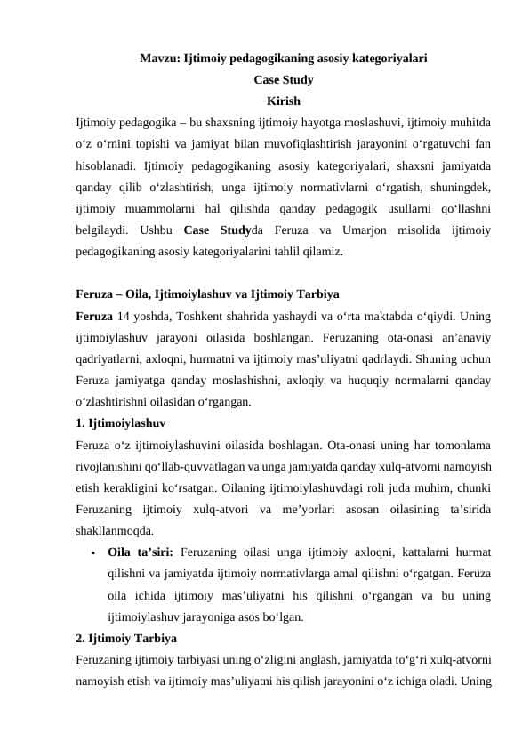 Ijtimoiy pedagogikaning asosiy kategoriyalari Case study